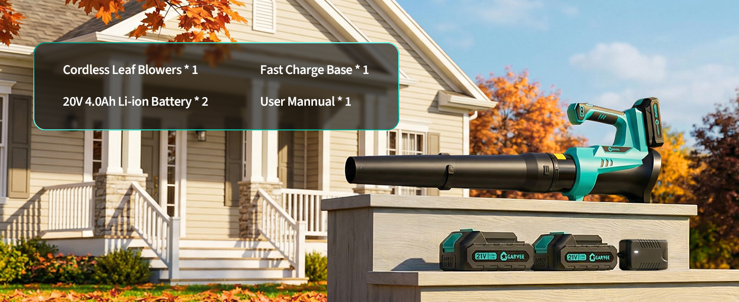 Packing list: Leaf blower / 2 replacement batteries / 1 quick charger