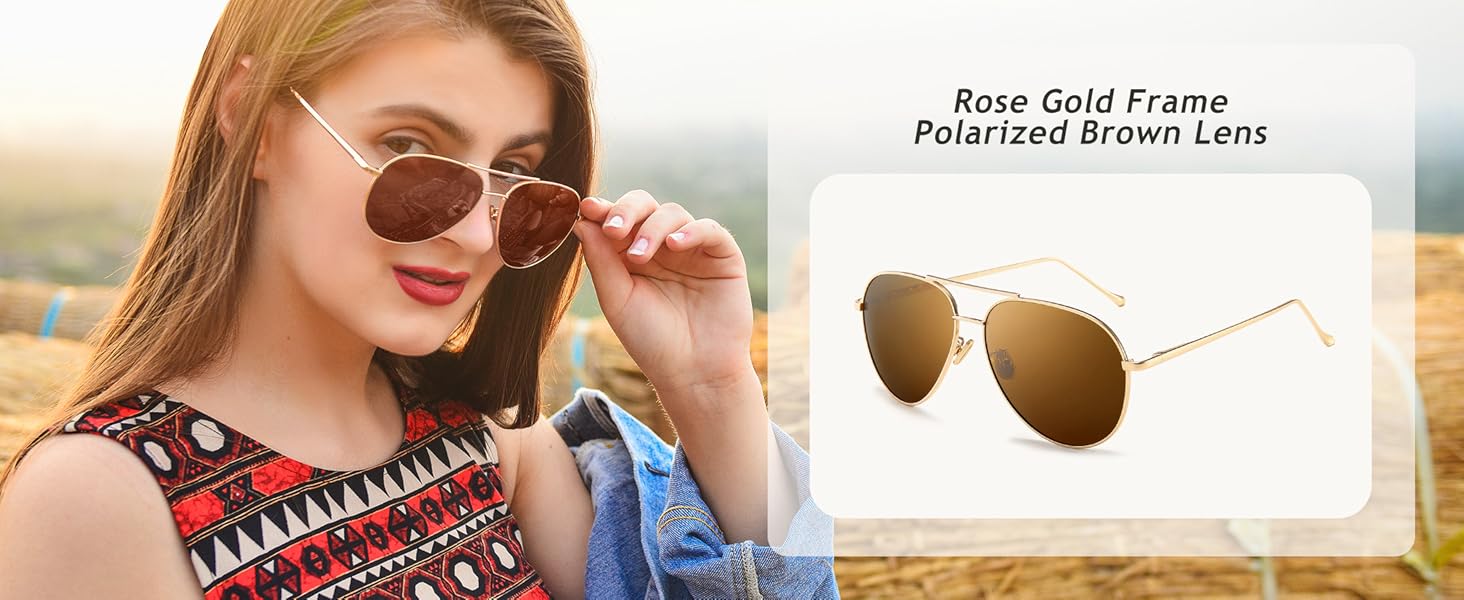 A stylish and elegant lady wearing brown lens aviator sunglasses