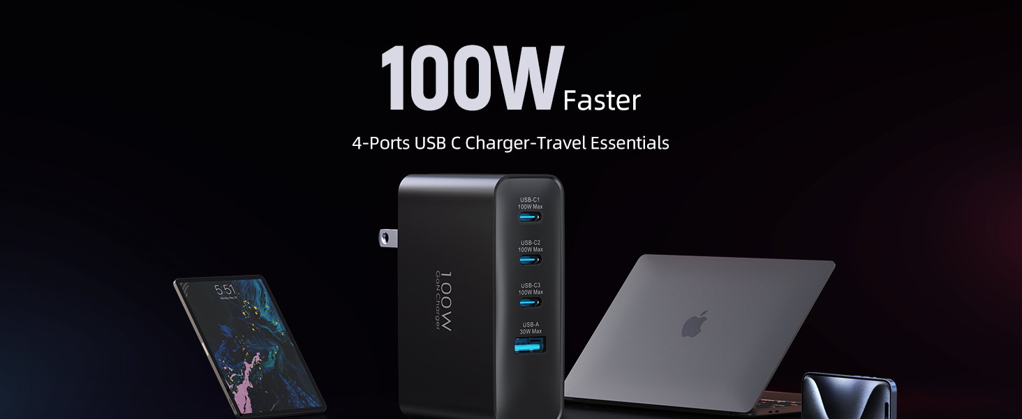 USB C Travel Charger 4-Ports Foldable Travel Adapter Plug Converter with UK/EU/AU Plugs