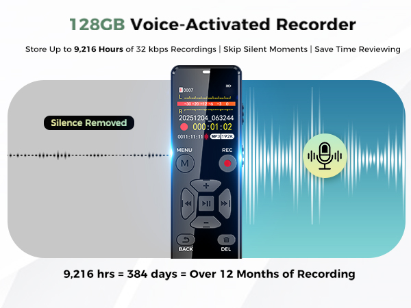 128GB Voice Activated Recorder store up to 9,216 Hours of 32 kbps Recordings | Skip Silent Moments