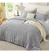 EXQ Home Fluffy Comforter Set Queen Size - Super Soft Faux Fur Stripe Jacquard Comforter 3 Pieces...