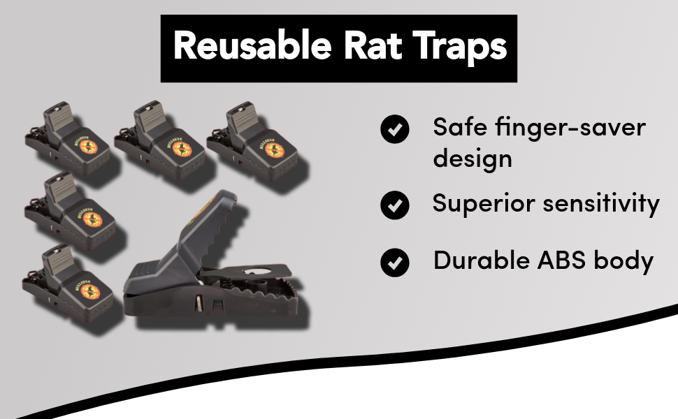 Bullseye - 6 Pack - Rat Traps with Teeth - Indoor/Outdoor, Reusable, Easy Setup, Powerful Stainless 