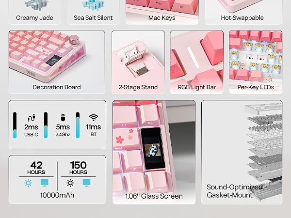 Text reads 'Creamy Jade, Sea Salt Stone, Mini Keys, Hot Swappable, 42, 150, 1000mAh, LCD Glass Screen, Sound Optimized, Gasket-Mount.' Product specifications display for keyboard components.