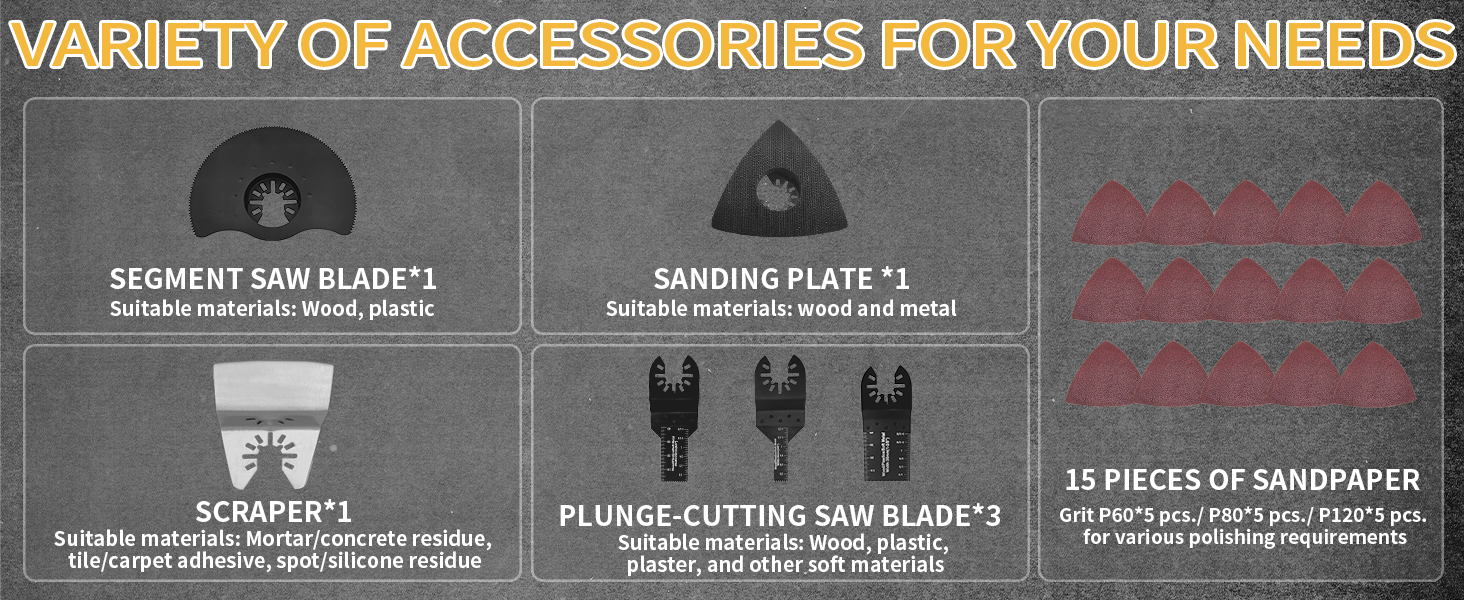 Assortment of power tool accessories including a segment saw blade, triangular sanding plate, scraper, plunge-cutting saw blades, and 15 pieces of sandpaper in various grits.