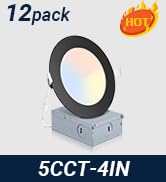 12 Pack Recessed Lighting 4 Inch with Junction Box, 5CCT 4 Inch Black LED Recessed Lights Dimmabl...