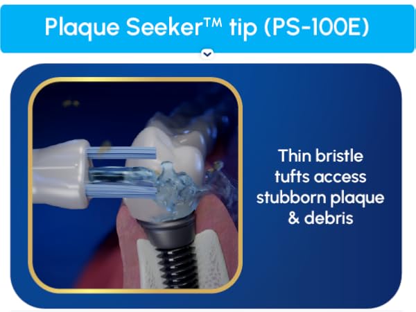 Image of Plaque Seeker floss tip with text reading thin bristle tufts access stubborn plaque.