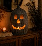 Fokuboo Fall &amp; Halloween Decorations for Home – Handmade Terracotta Pumpkin Jack O’ Lantern with ...
