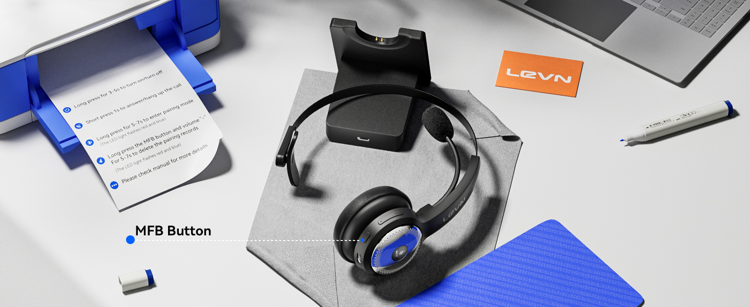 LEVN Bluetooth 5.0 headset&amp;#39;s MFB button help you answer/end calls easily. Enjoy wireless freedom!