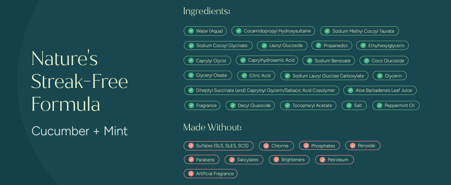 Puracy Cucumber and Mint Gel Hand Soap plant-based ingredients and &amp;#34;Made Without&amp;#34; list.