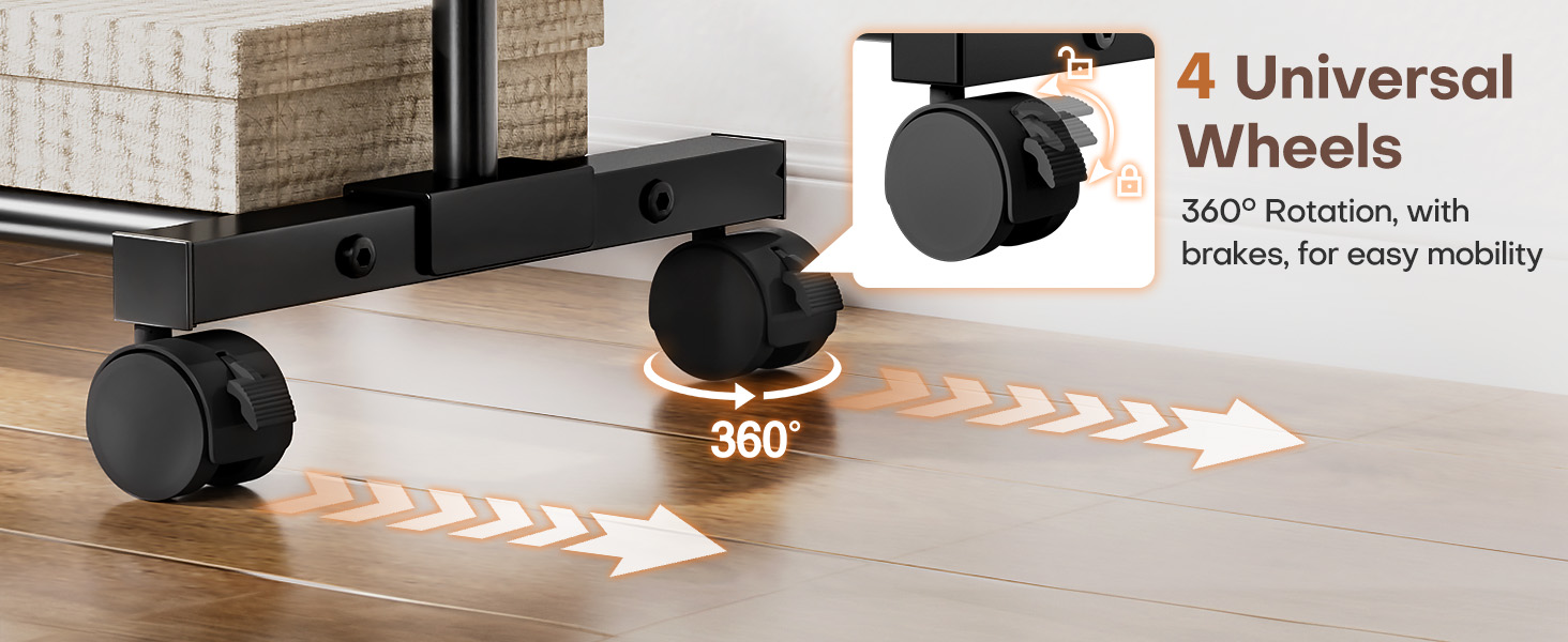 The clothing rack has four 360° rotating casters with brakes
