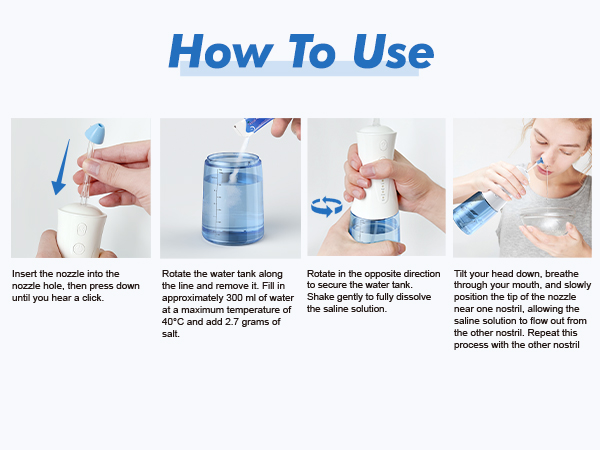 Step-by-step instruction guide showing four images demonstrating proper use of a water-based product with blue liquid, featuring hand positions and pouring actions.