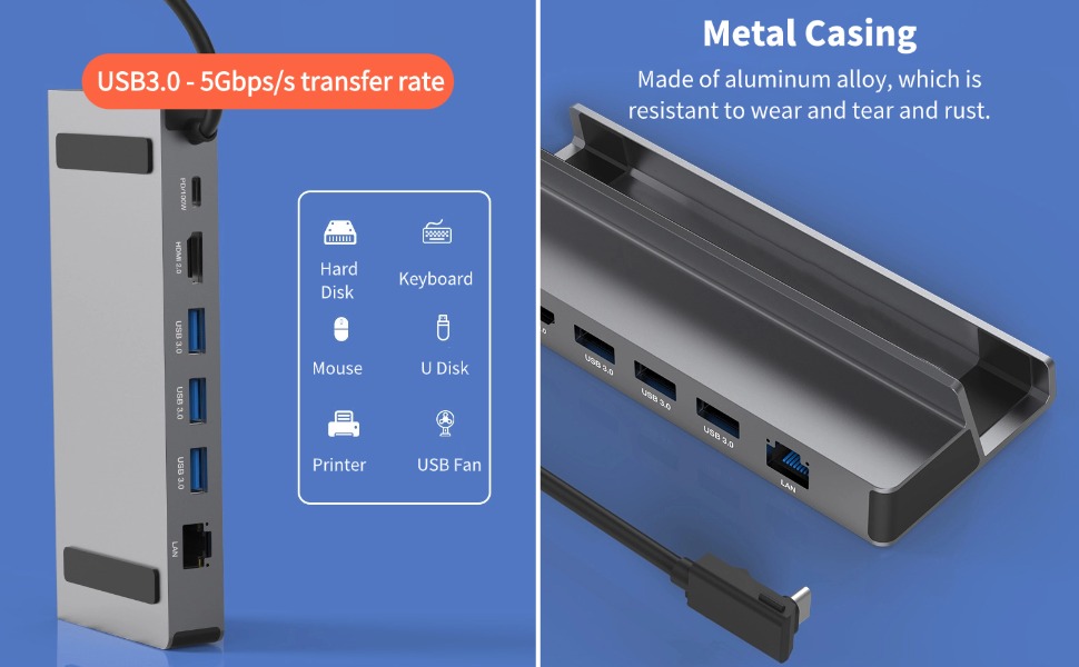 Text reads 'Image 6', 'USB3.0 5Gbps/s transfer rate', 'Metal Casing made of aluminum alloy, which is resistant to wear and tear and rust'. USB hub with multiple ports and aluminum casing.