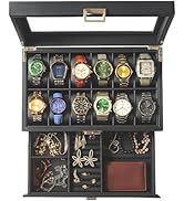 12-Slot Watch Box in PU Leather with Valet Drawer, 2-Tier Luxury Watch Case Display Organizer for...