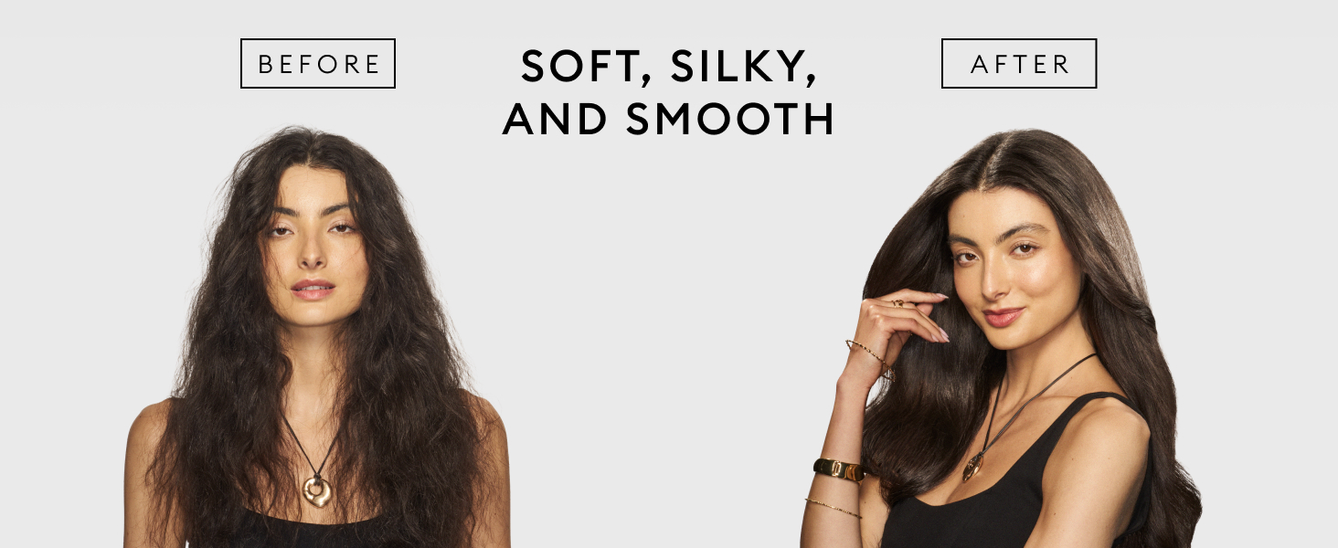 Before and after images showing smoother, silkier, shinier hair with reduced frizz.