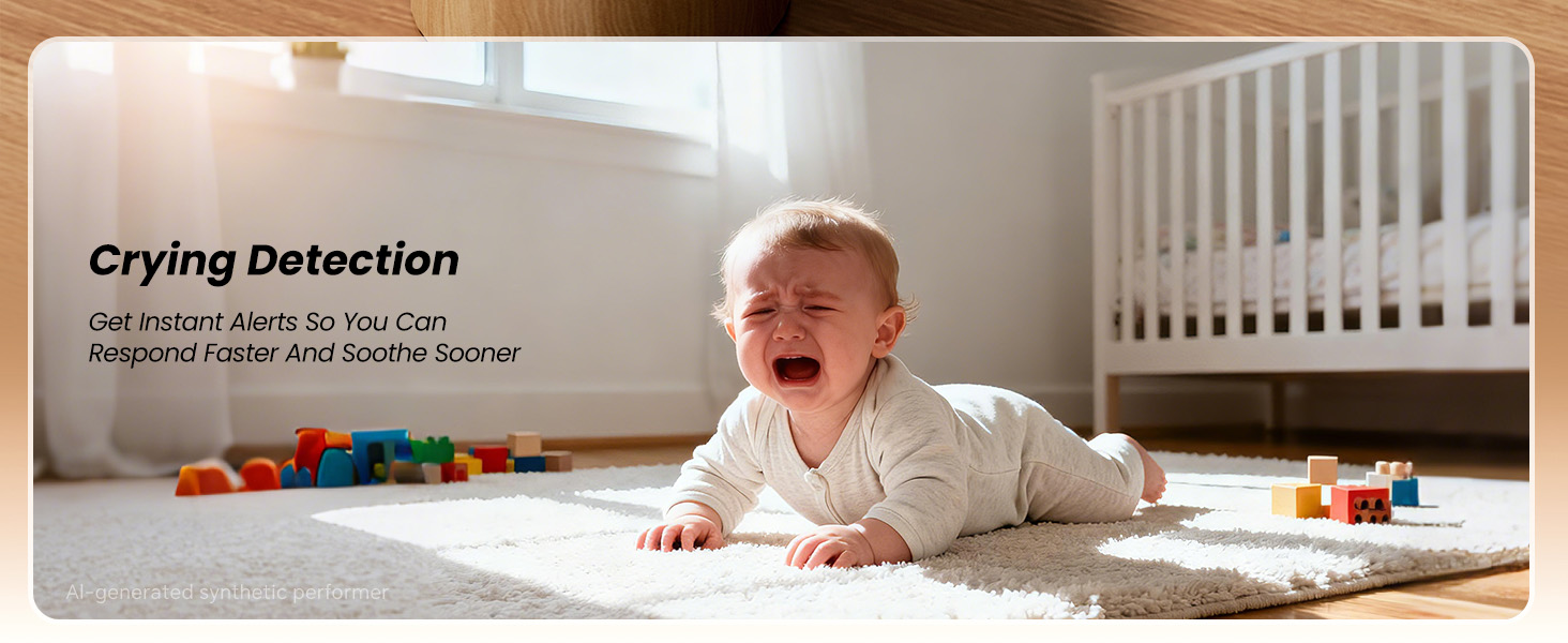 Crying infant on carpet in sunlit nursery with wooden building blocks and white crib in background.