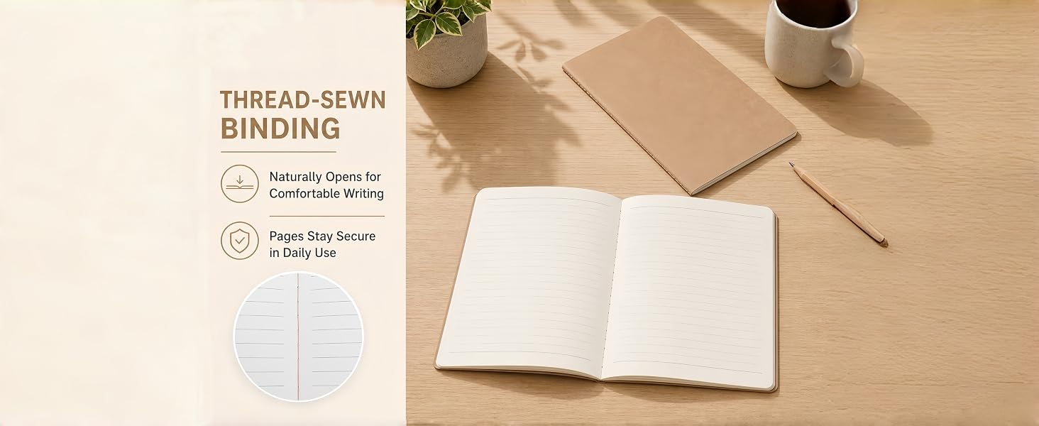 THREAD-SEWN BINDING Naturally Opens for Comfortable Writing Pages Stay Secure in Daily Use