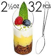 DLux 32 x 2.5 oz Mini Dessert Cups with Spoons, Slanted Round - Clear Plastic Parfait Appetizer C...