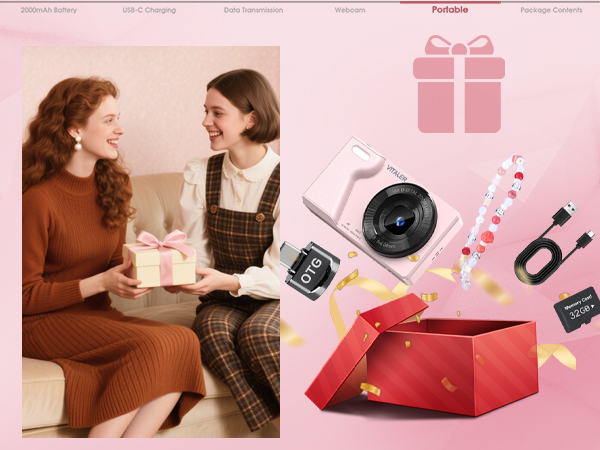 Product showcase featuring a red gift box with various accessories including cables, charger, and electronic components arranged on pink background.