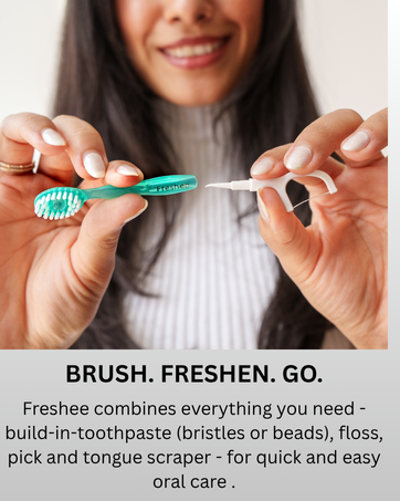 Freshee, disposable toothbrush, pick, floss, weadding essentials, college, pre paste
