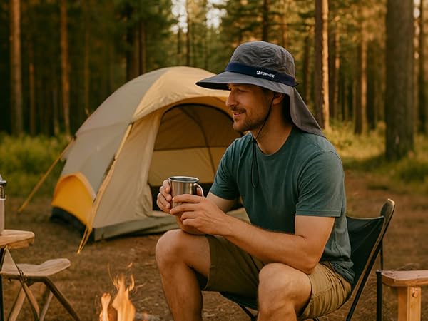 Man camping in forest wearing TOP-EX sun hat with neck flap, relaxing by tent and campfire