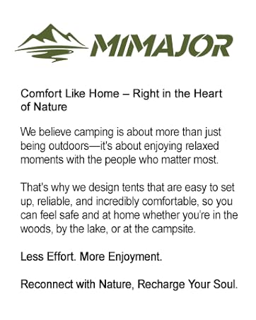 Text reads 'MIMAJOR' logo, tagline 'Comfort Like Home – Right in the Heart of Nature', and marketing copy about camping tents: 'Less Effort. More Enjoyment.' and 'Reconnect with Nature, Recharge Your Soul.'