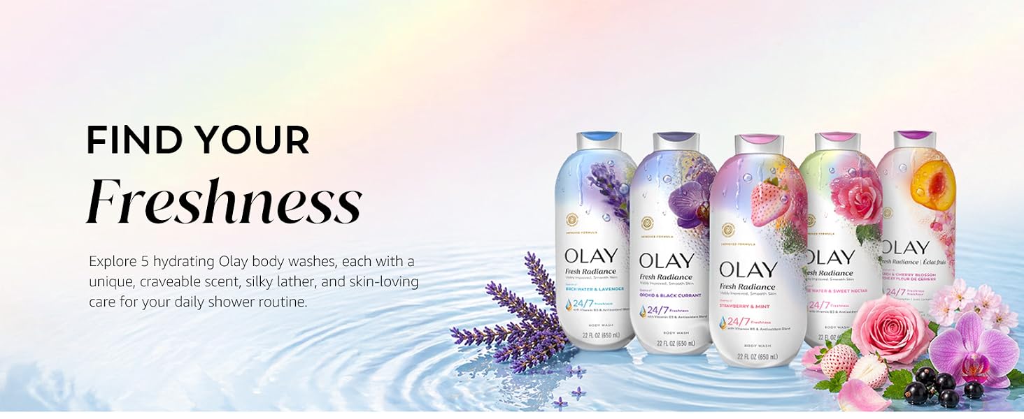 Collection of Olay Fresh Radiance products next to floral elements
