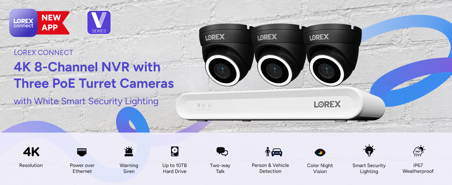 Lorex Connect V Series 4K 8-Channel Wired NVR System with V3 4K PoE Turret Cameras