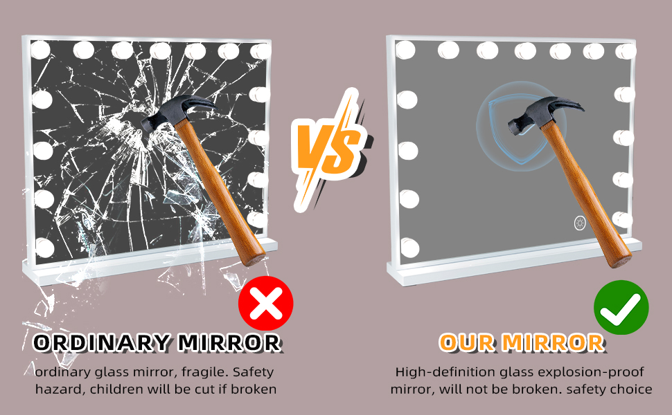 Comparison of two vanity mirrors with lights. Left shows a shattered mirror labeled 'Ordinary Mirror'. Right shows an intact mirror with a hammer impact, labeled 'Our Mirror'.