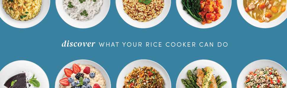Discover what your rice cooker can do - a variety of meals on white plates