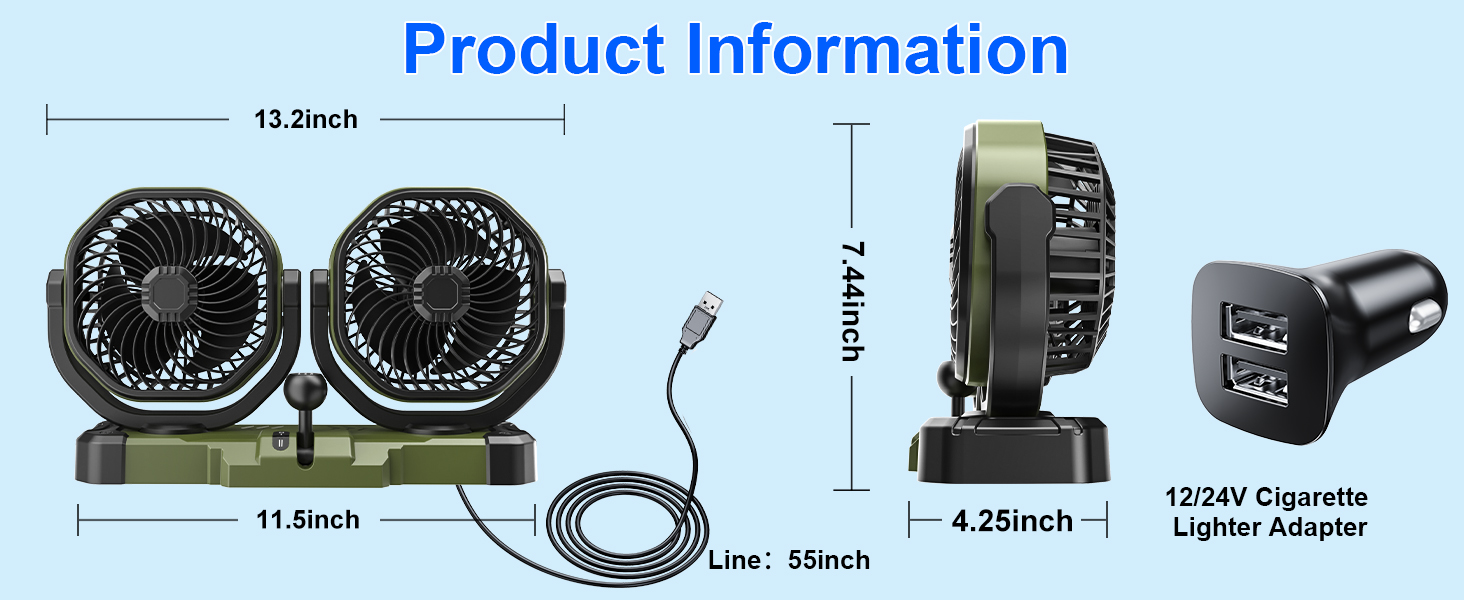 5V USB/12V/24V Dual Head Car Cooling Fan for Dashboard