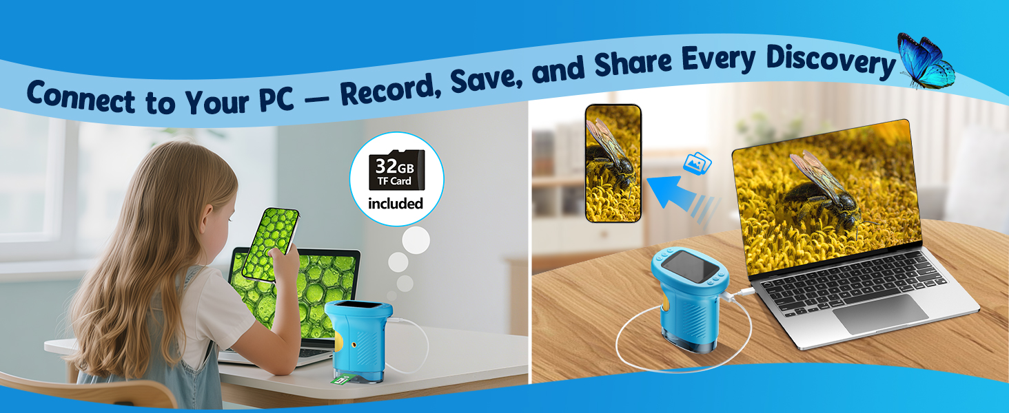 can connect with PC laptop iMac to record, save, and share every discovery