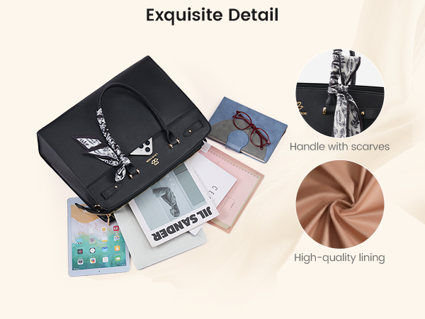 Exquisite detail of professional work tote featuring stylish handle scarf and high-quality lining.