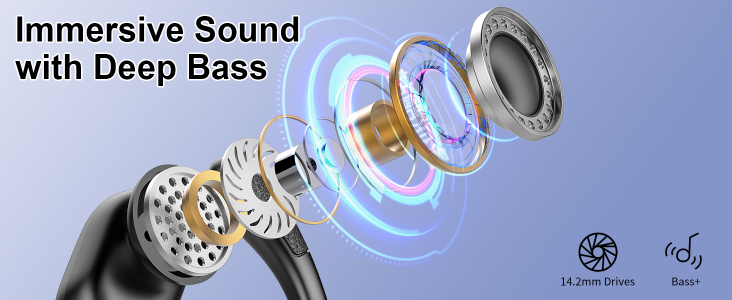 Exploded view of an earbud or headphone driver, highlighting 'Immersive Sound with Deep Bass'. Shows multiple components including speakers and sound wave illustration.