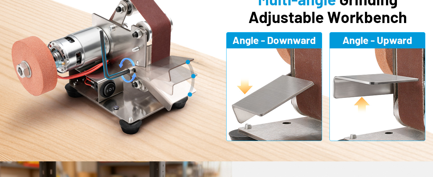 Text reads 'Multi-angle Grinding Adjustable Workbench'. Series of images showing adjustable grinding tool mount with upward and downward angle positioning capabilities.