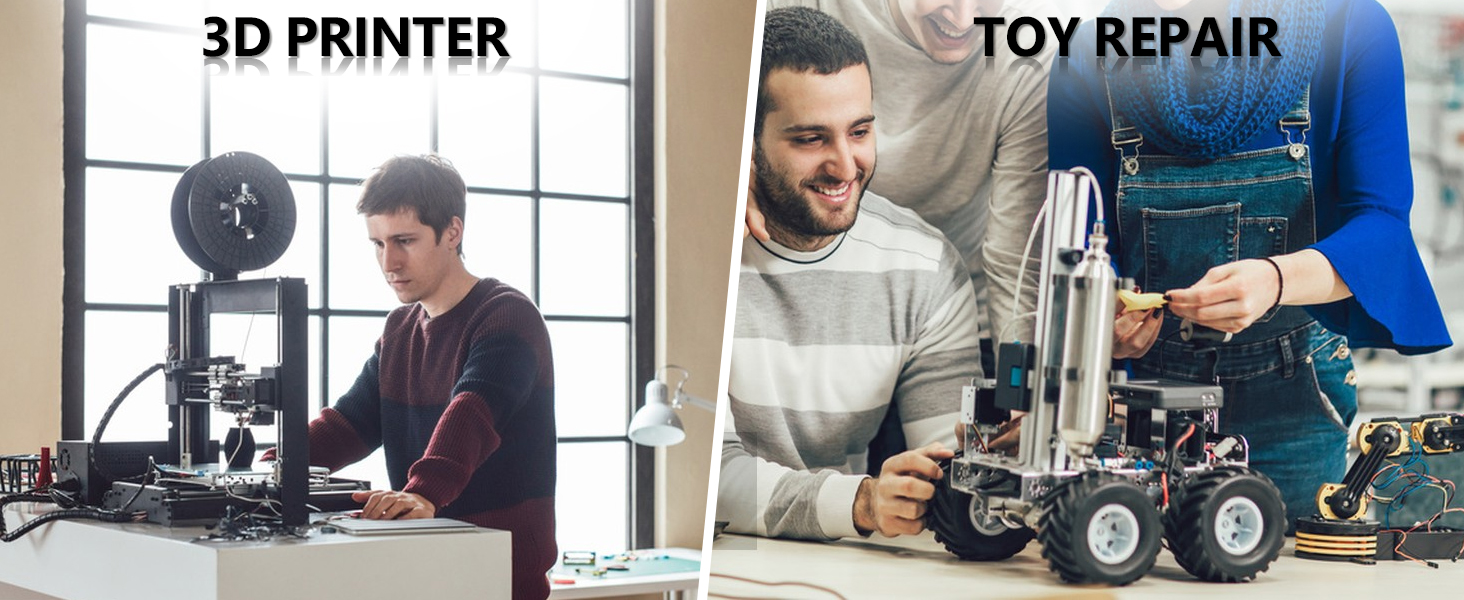 Split image showing 3D printer operation on left and mechanical toy repair activity on right, featuring technical equipment and tools.