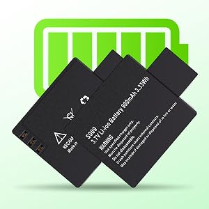 Two black rectangular lithium batteries with technical specifications printed in white text, shown against a green battery icon background.