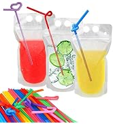 100 Pcs Drink Pouches with 100 Straw Holes, Freezable Juice Pouches, Translucent Reclosable Zippe...