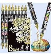 QFOUR 8 Gold Paint Pen, Gold Marker, Fine &amp; Brush Tip Acrylic Paint Markers for Glass, Rock, Wood...