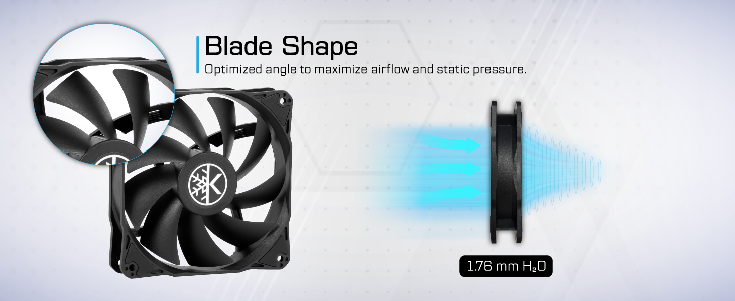 The blade shape of the KINGCOOL valor fan has optimized angle to max airflow and static pressure