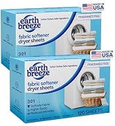 Earth Breeze Fabric Softener Dryer Sheets – Fragrance Free, Hypoallergenic, No Harsh Chemicals, S...