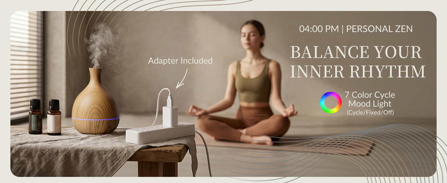 Zen vase aromatherapy diffuser with purple LED light and certified wall power adapter for yoga.