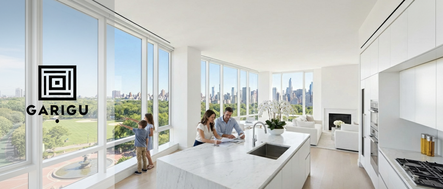 Modern white kitchen with family using GARIGU products, clean and minimalist home design