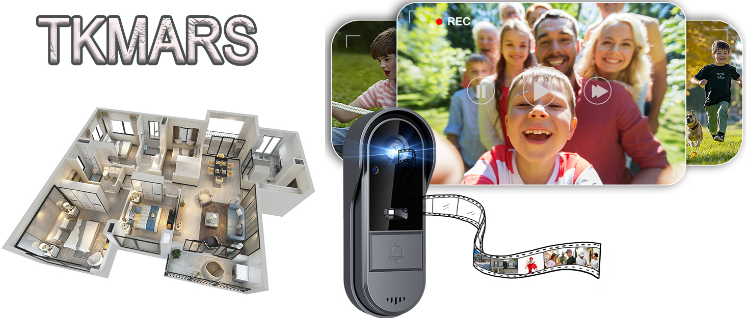 Composite image showing a 3D floor plan, a digital doorbell camera, and a sketch of its video recording functionality. The device appears sleek and modern with a dark finish.