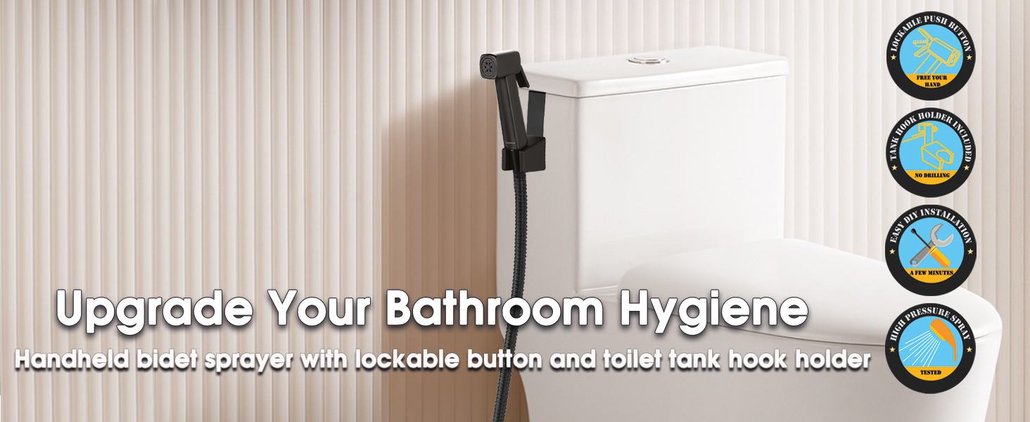 handheld bidet sprayer with toilet tank hook holder installed beside toilet