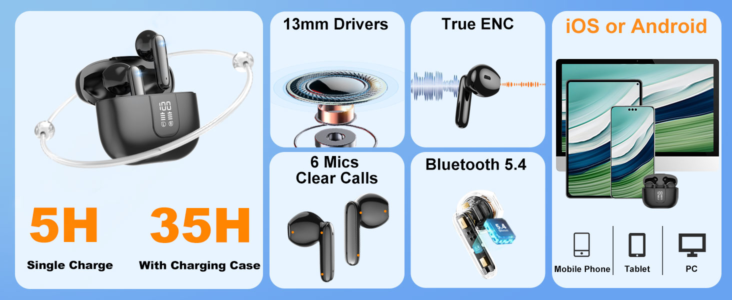 Wireless Earbuds Bluetooth 5.4, in Ear buds Deep Bass Stereo 6 Mic ENC Noise Cancelling