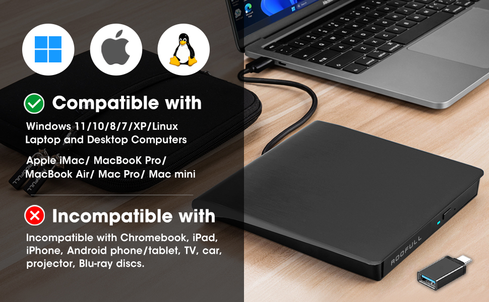 ROOFULL External CD/DVD Drive Writer Burner Compatible with Windows 12/11/10/8/7/Vista/XP Mac Linux