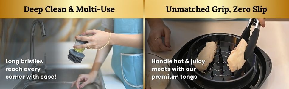 Our Chicken Shredder Comes with premium Tongs and Long-Bristle Soup Brush