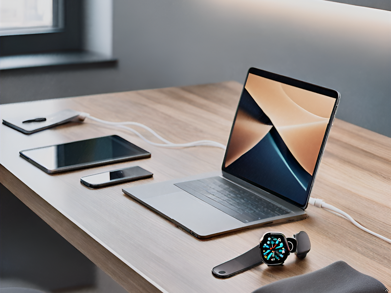 A sleek and modern charging station with multiple devices neatly organized on a minimalist wooden su