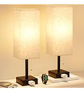 Bedside Table Lamps for Bedroom Set of 2 - Small Rectangular Nightstand Lamp with AC Outlet Charg...
