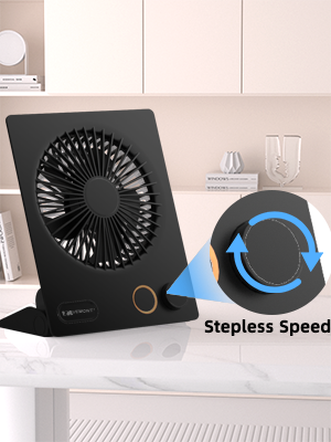 Black portable desk fan with stepless speed adjustment feature, shown on white surface with blue directional arrows indicating rotation.